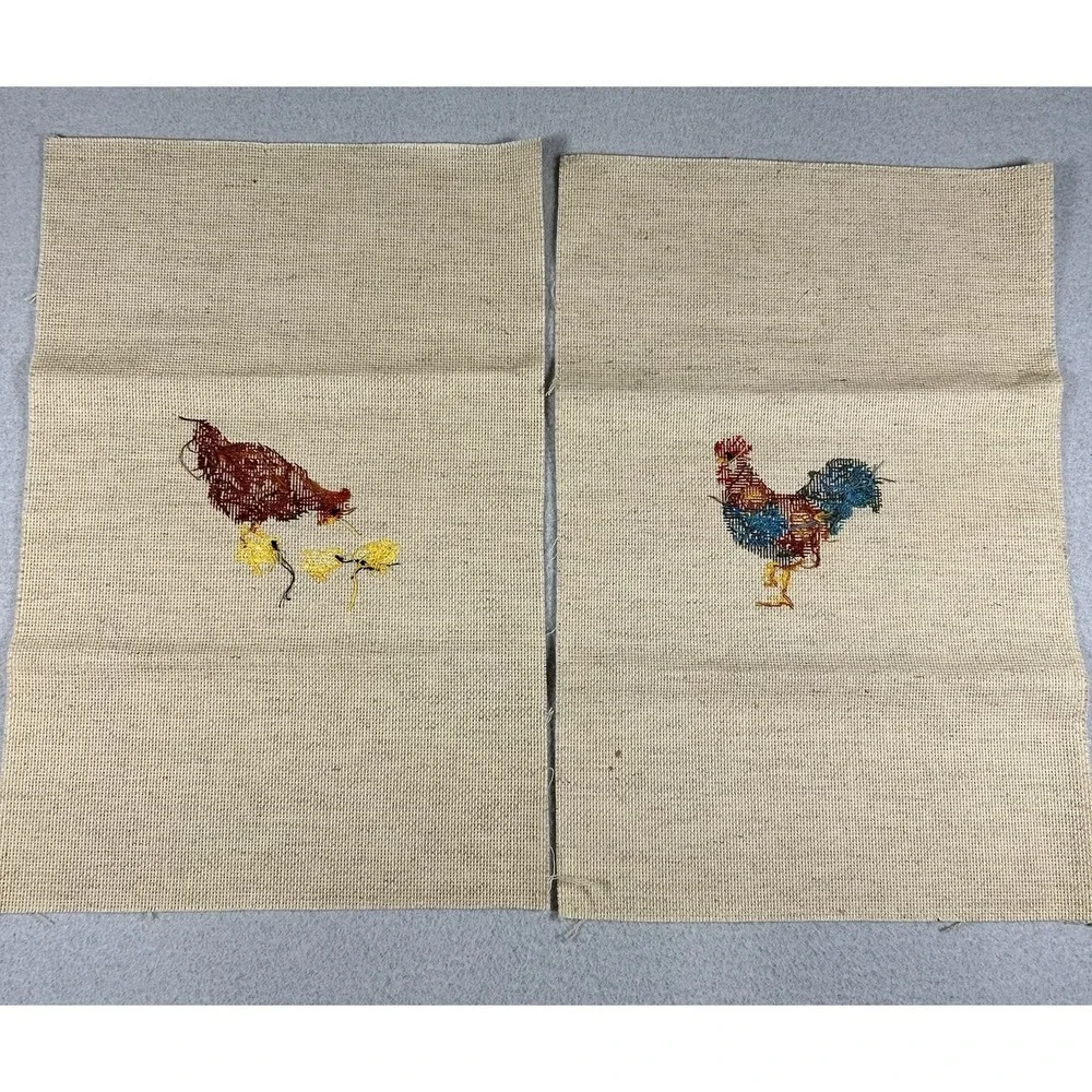 Vtg Pair Completed Cross Stitch Rooster Hen Chicks on Linen Unframed 11.5